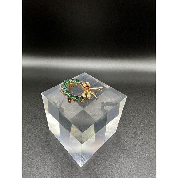 Vintage Eisenberg Ice Signed Gold Tone Rhinestone Christmas Wreath Brooch - Picture 6 of 9